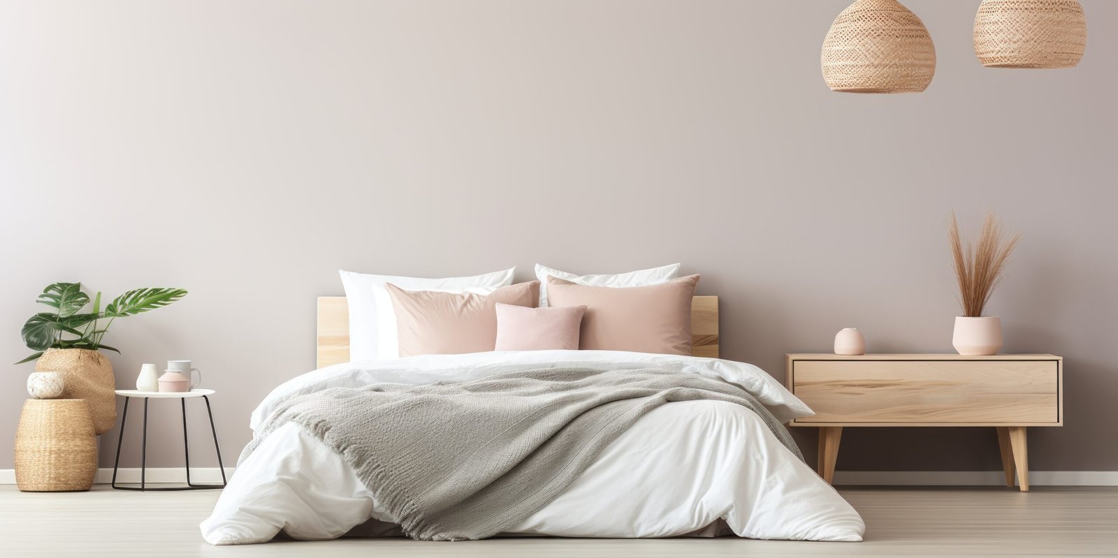 A peaceful bedroom with beige colors and simple design.